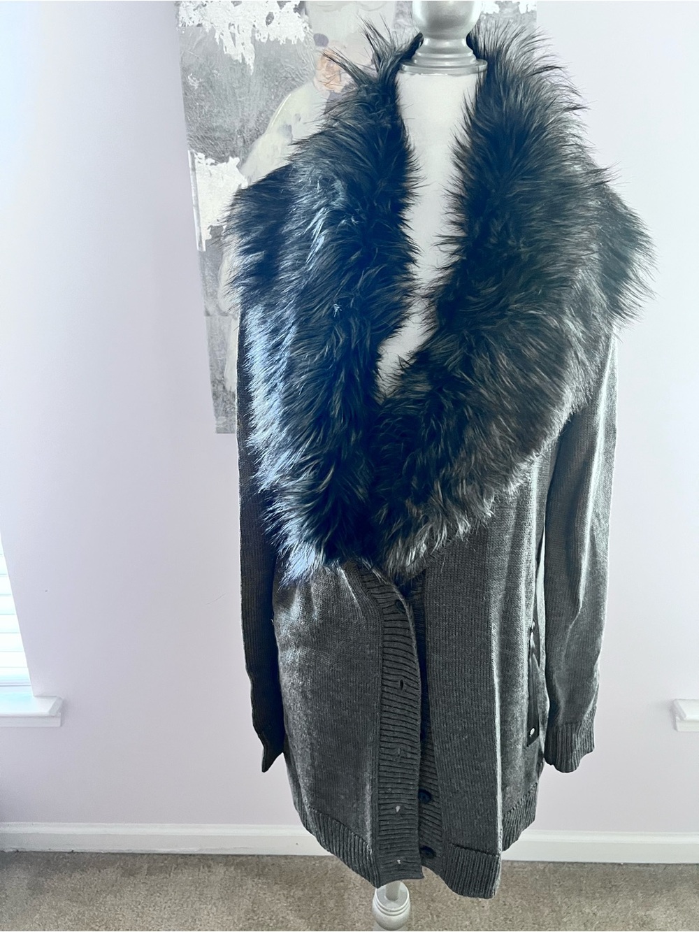 Michael Kors Dark Charcoal Knit Cardigan with Detachable Faux Fur Collar